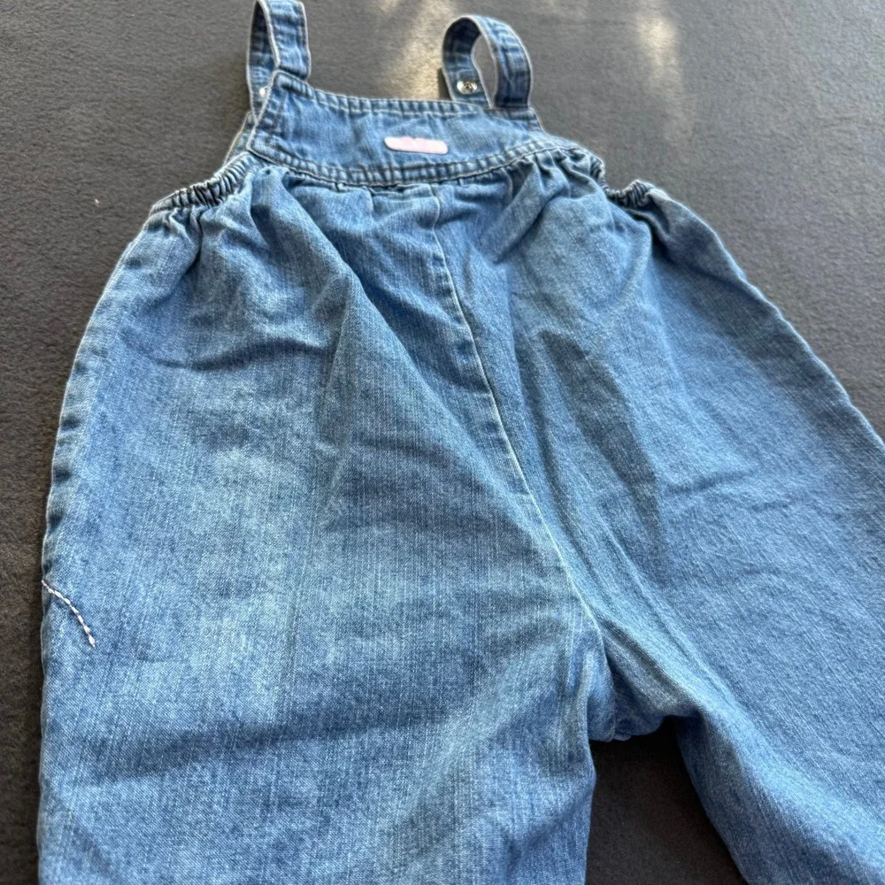 Vintage Carters Baby Girls Blue Denim Embroidered Floral Bumblebee Overalls 9M